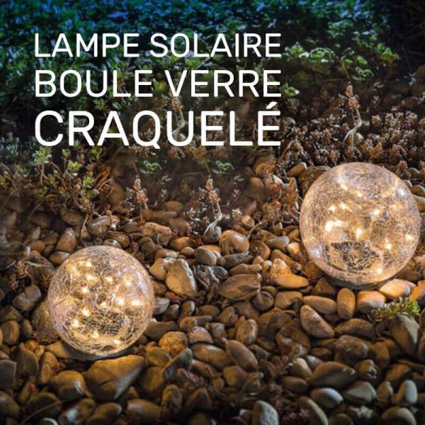 Lampe solaire boule verre craquelé jardin